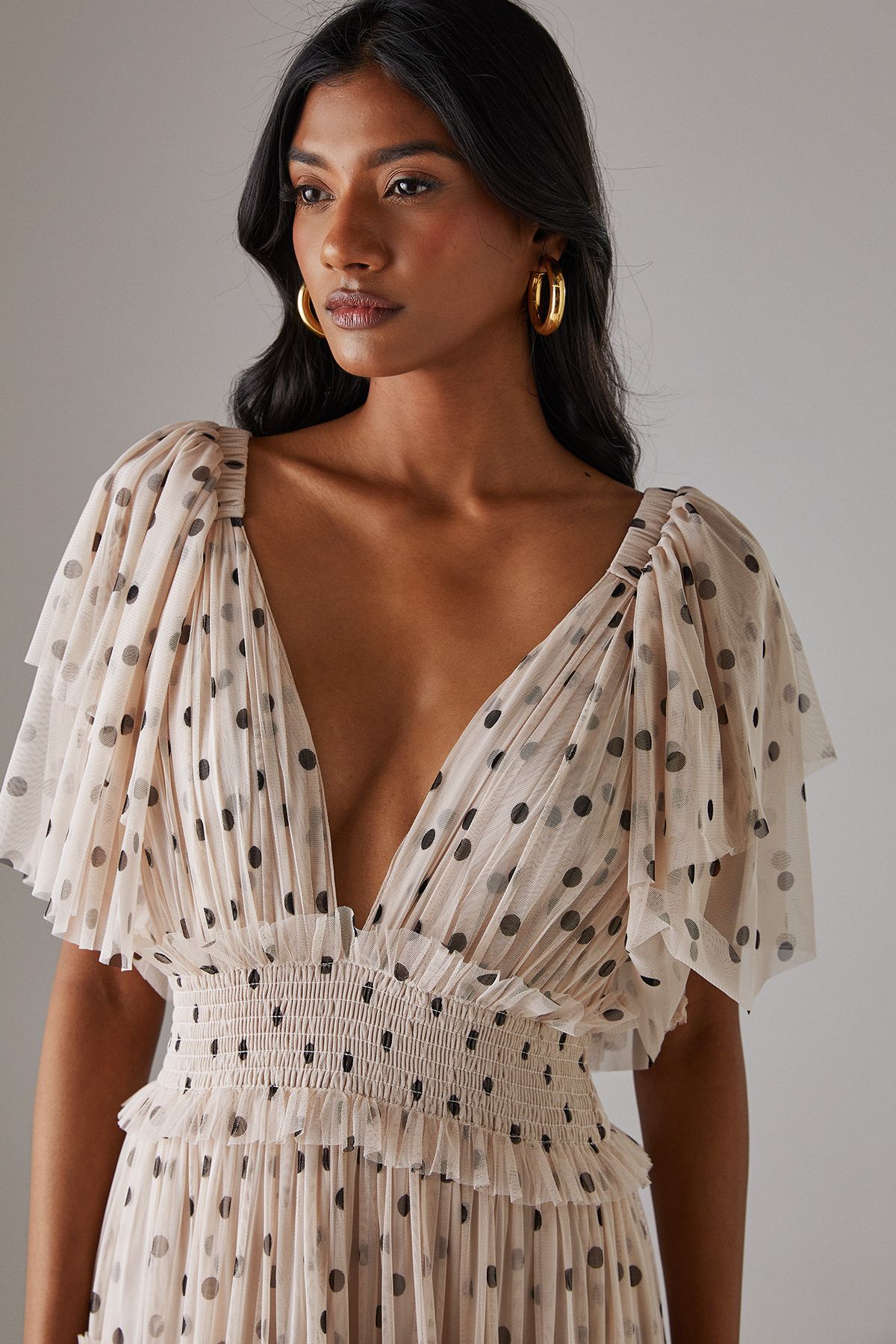 Warehouse Tulle Polka Dot Plunge Neck Flutter Sleeve Tier Maxi Dress