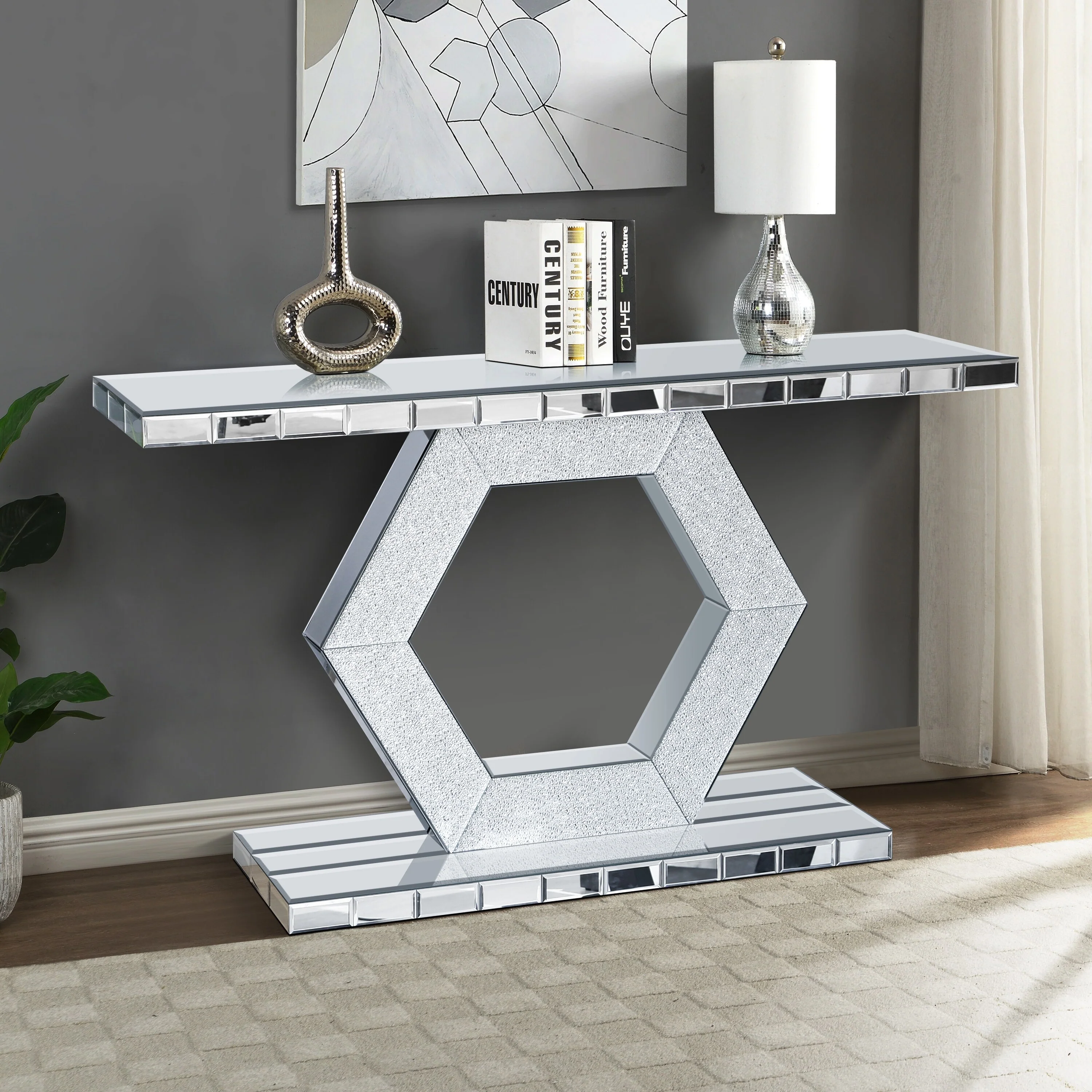 Sparkling Crystal Hexagon Mirror Entryway - Premium Modern Foyer Console Table, Dual-Tier Luxury Sofa Table