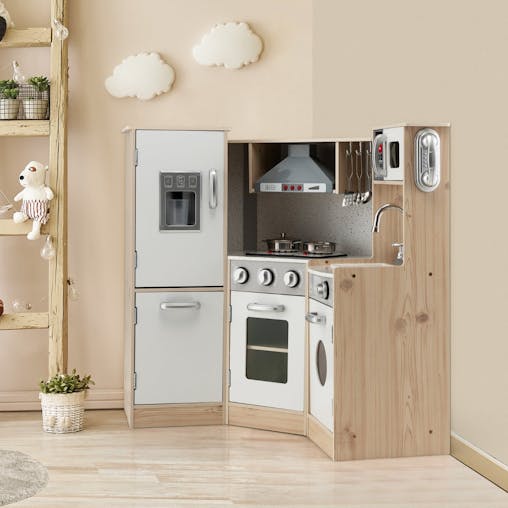 NNECW Wooden Pretend Corner Playset with Cookware Accessories for Kids