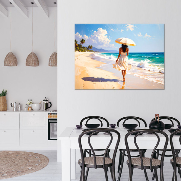 Obraz do salonu sypialni, Kobieta z parasolką spaerująca po plaży 30x20