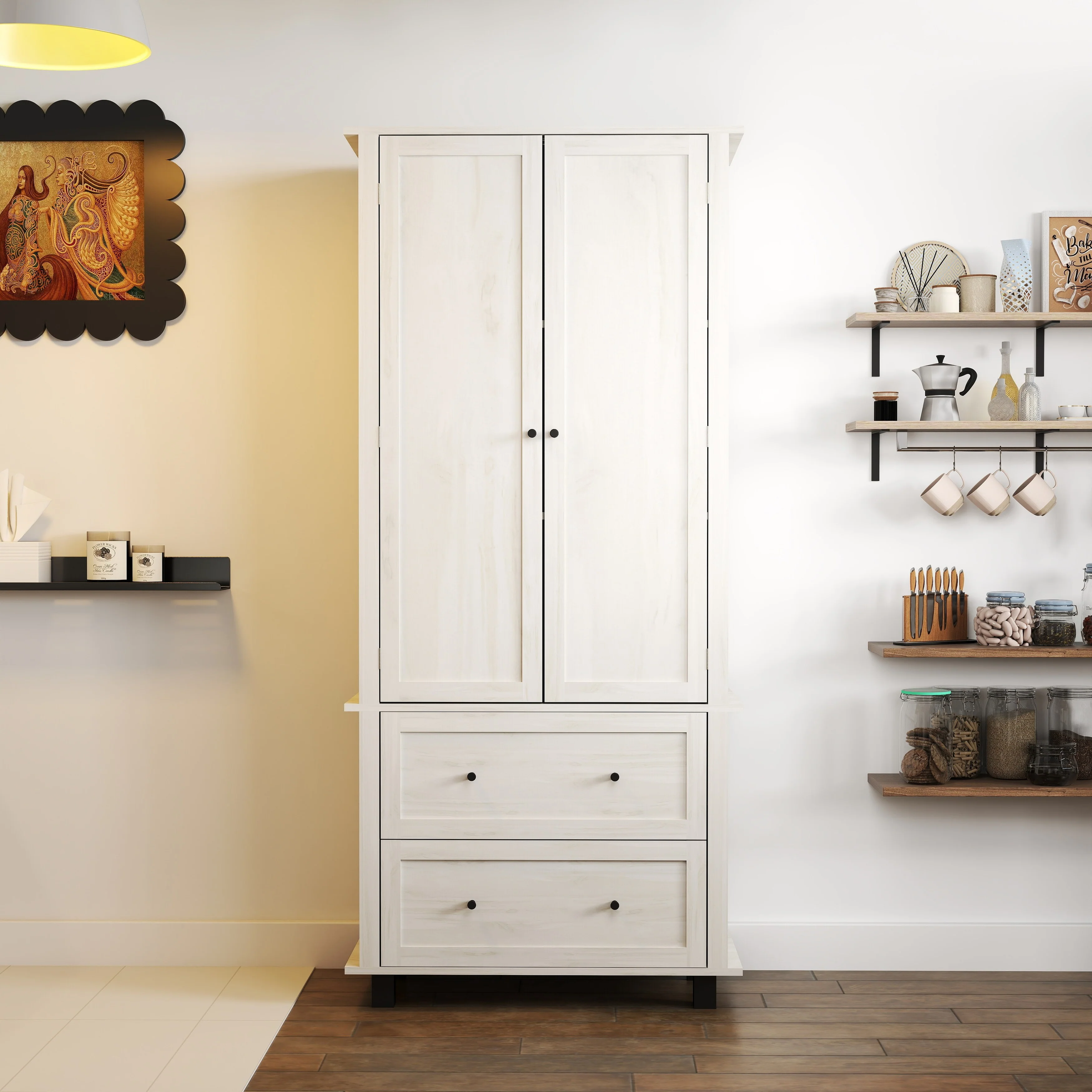 Modern Tall Storage Cabinet with 2 Drawers and 3 Shelves for Kitchen, Dining Room, Living Room