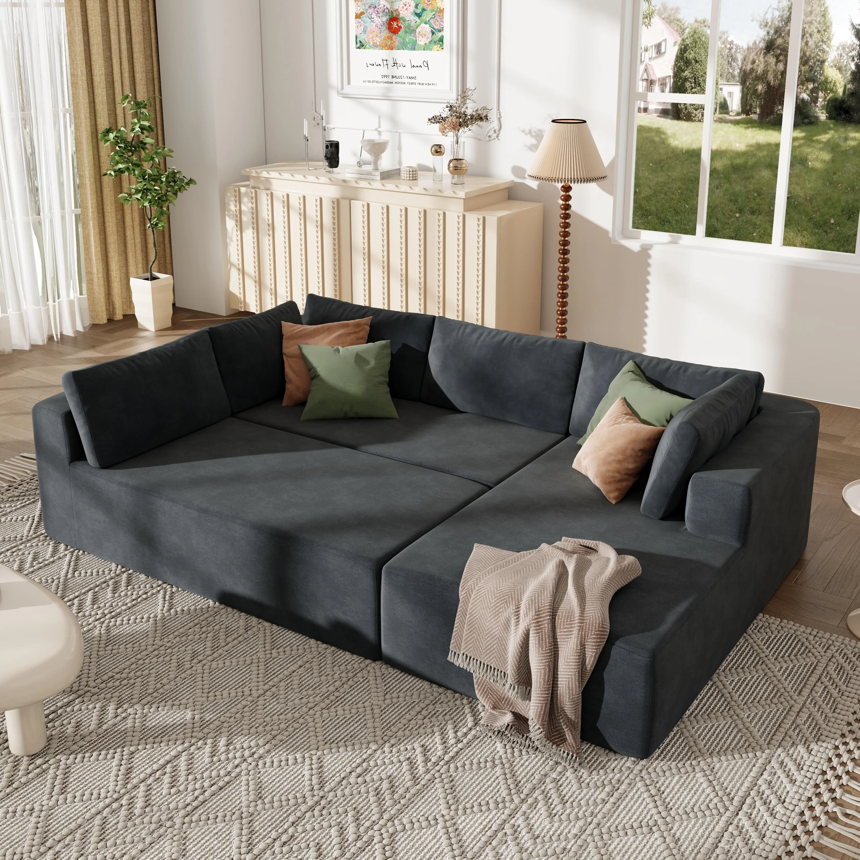 106.5'' U-Shaped 4 Seater Modular Sofa with 2 Chaise, Pillow, Anti-Wrinkle Chenille Fabric, High-Density Foam Comfort