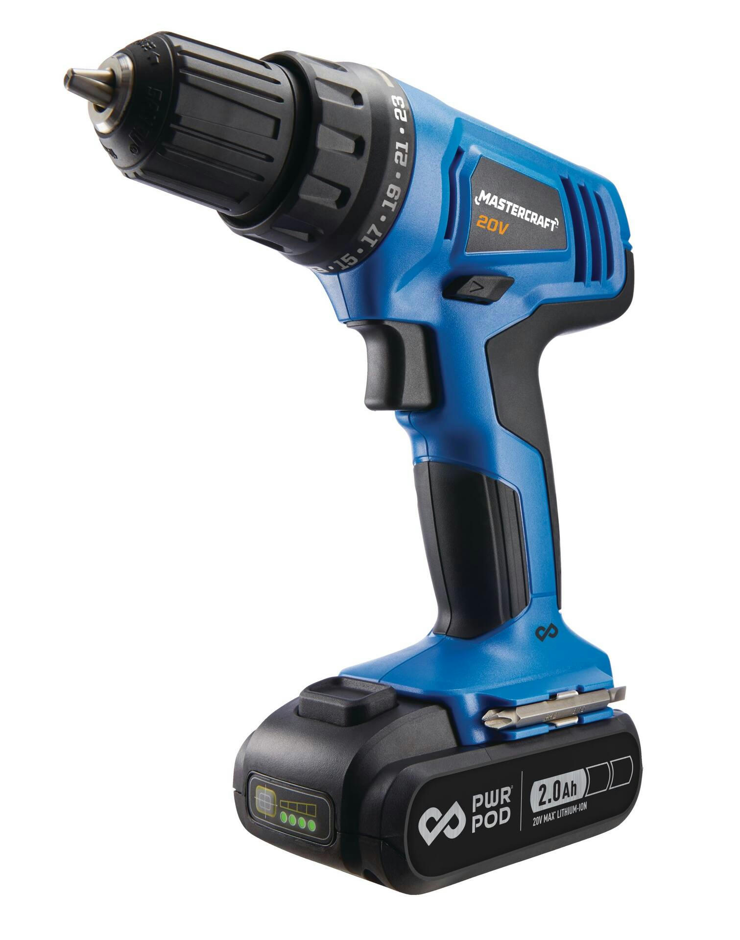 Mastercraft 20V Max Lithium-Ion Cordless Drill Kit with PWR POD 2.0 Ah Battery, Charger & Screwdriver Bits, 3/8-in
