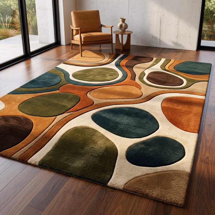Hand Tufted Wool Rug, Abstract Pebble Design Area Rug, Mid Century Modern Carpet, Boho Living Room Rug, Multicolor Statement Rug 8x10 9x12