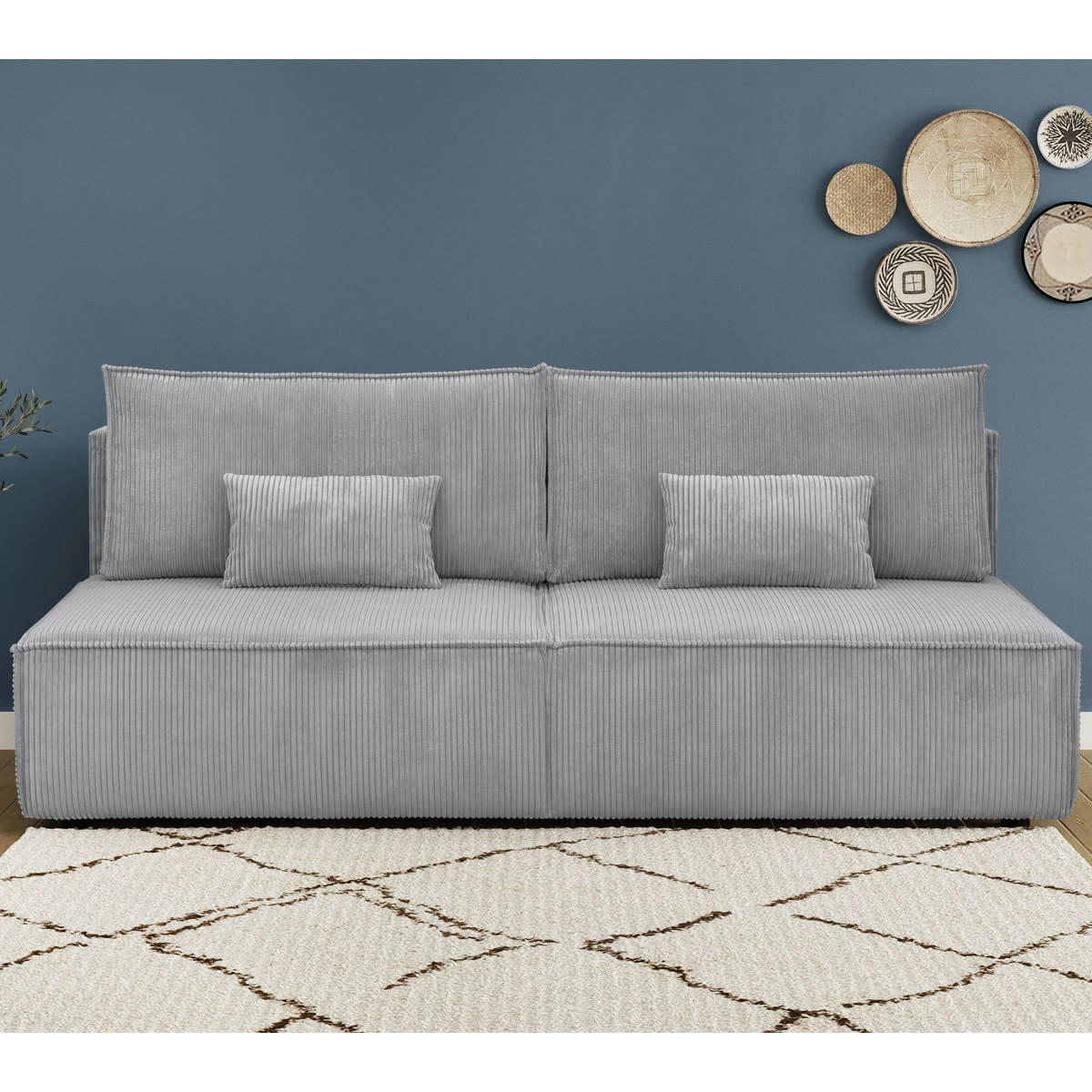 MILLA - Canapé convertible 3 places avec coffre en velours côtelé gris clair