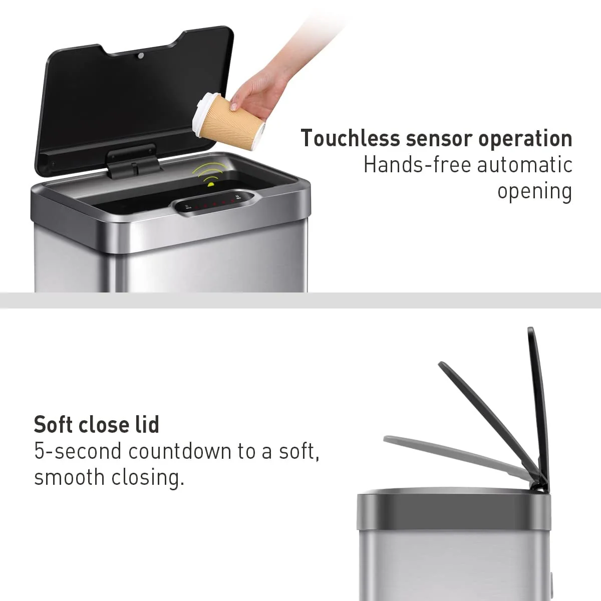 50 Liter / 13.2 Gallon Touchless Rectangular Motion Sensor Trash Can, Brushed Stainless Steel Finish