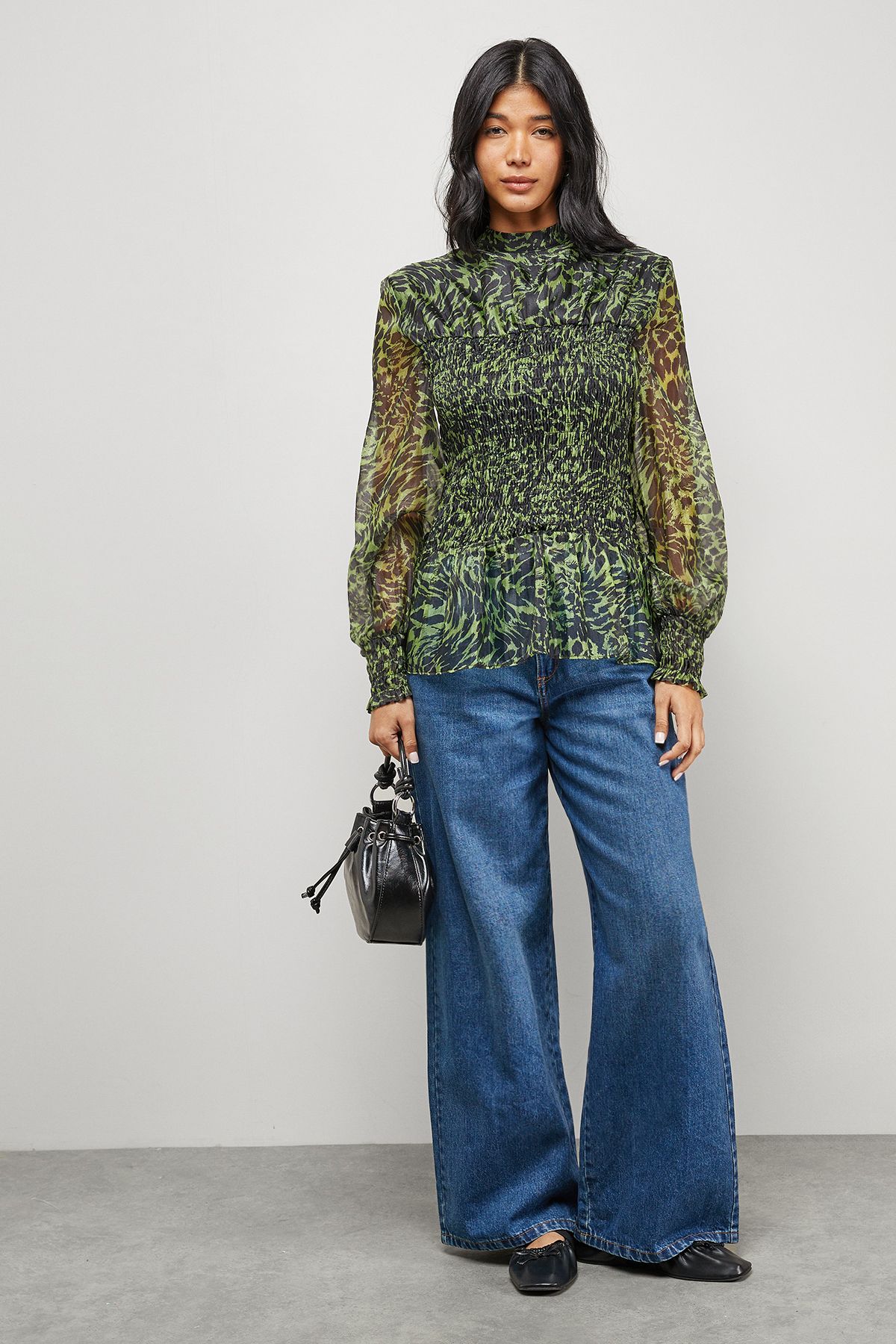 Warehouse Animal Organza Shirring Blouson Sleeve Shirt