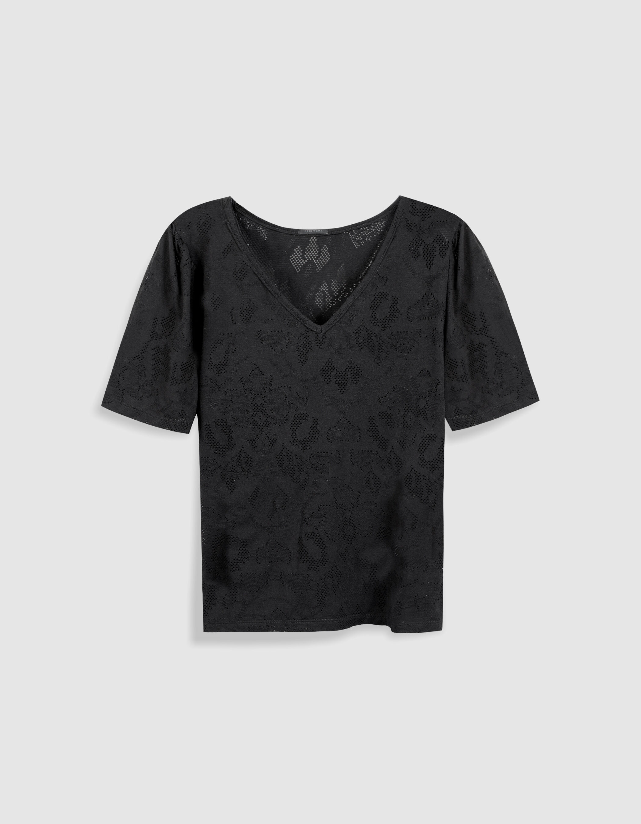 Tee-shirt manches courtes noir ajouré Femme