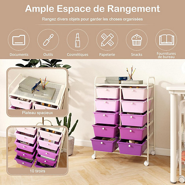 Chariot à roulettes avec 10 Tiroirs, Chariot de Rangement à 4 roulettes, 2 avec Frein, Cadre en Fer &Tiroirs en Plastique
