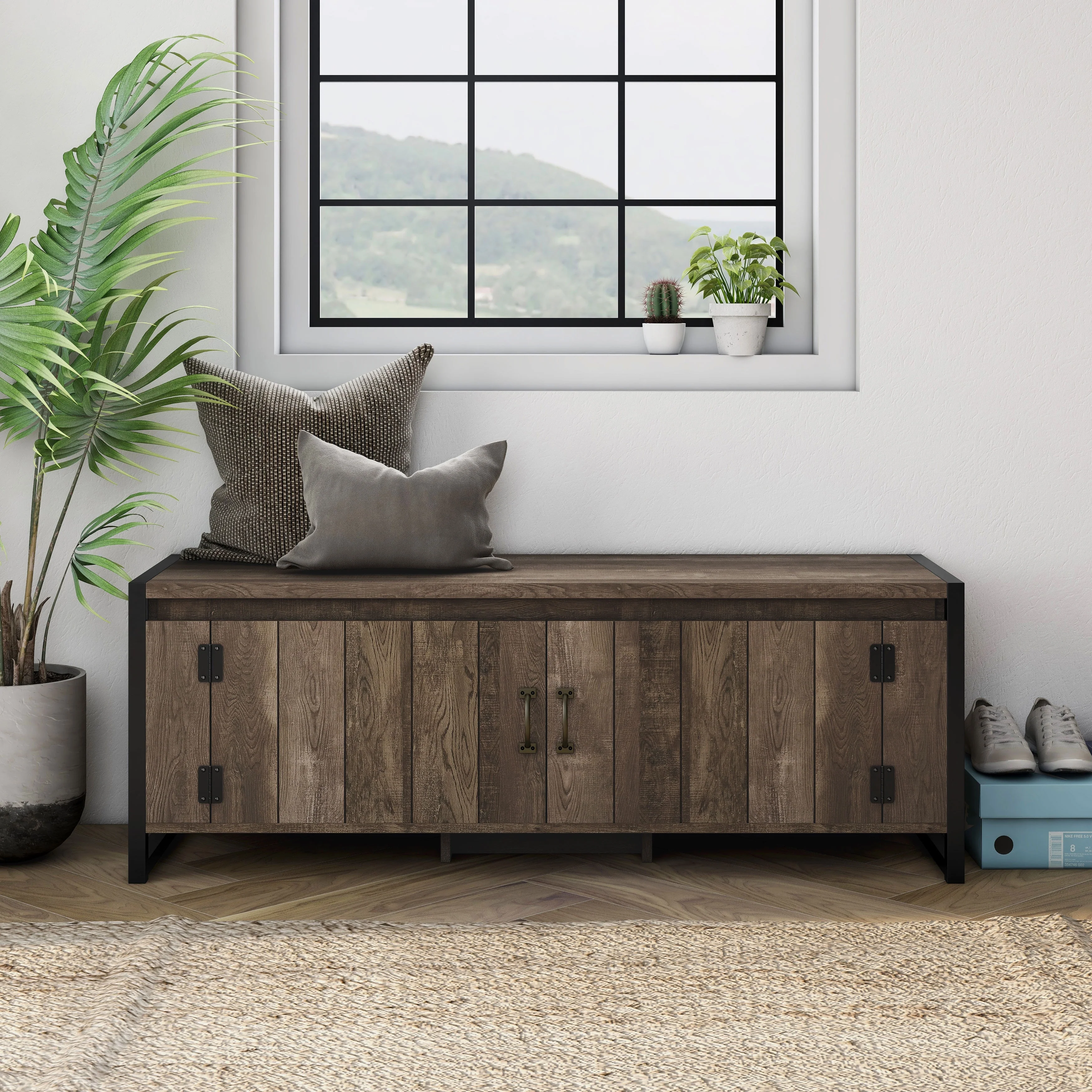DH BASIC Industrial Oak 49-inch Iron Legs Storage Bench by Denhour