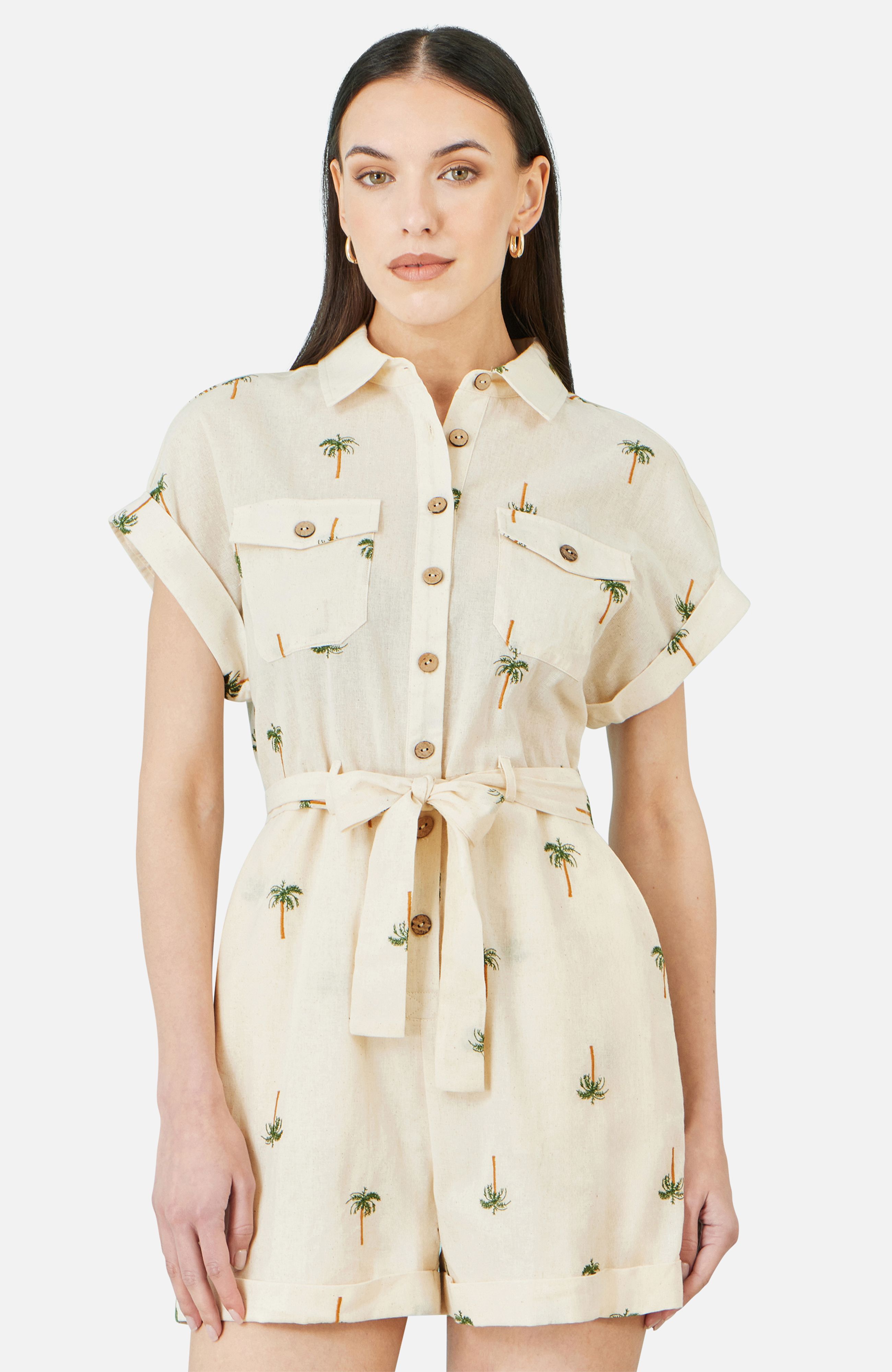Yumi Embroidered Palm Print Cotton Playsuit In White