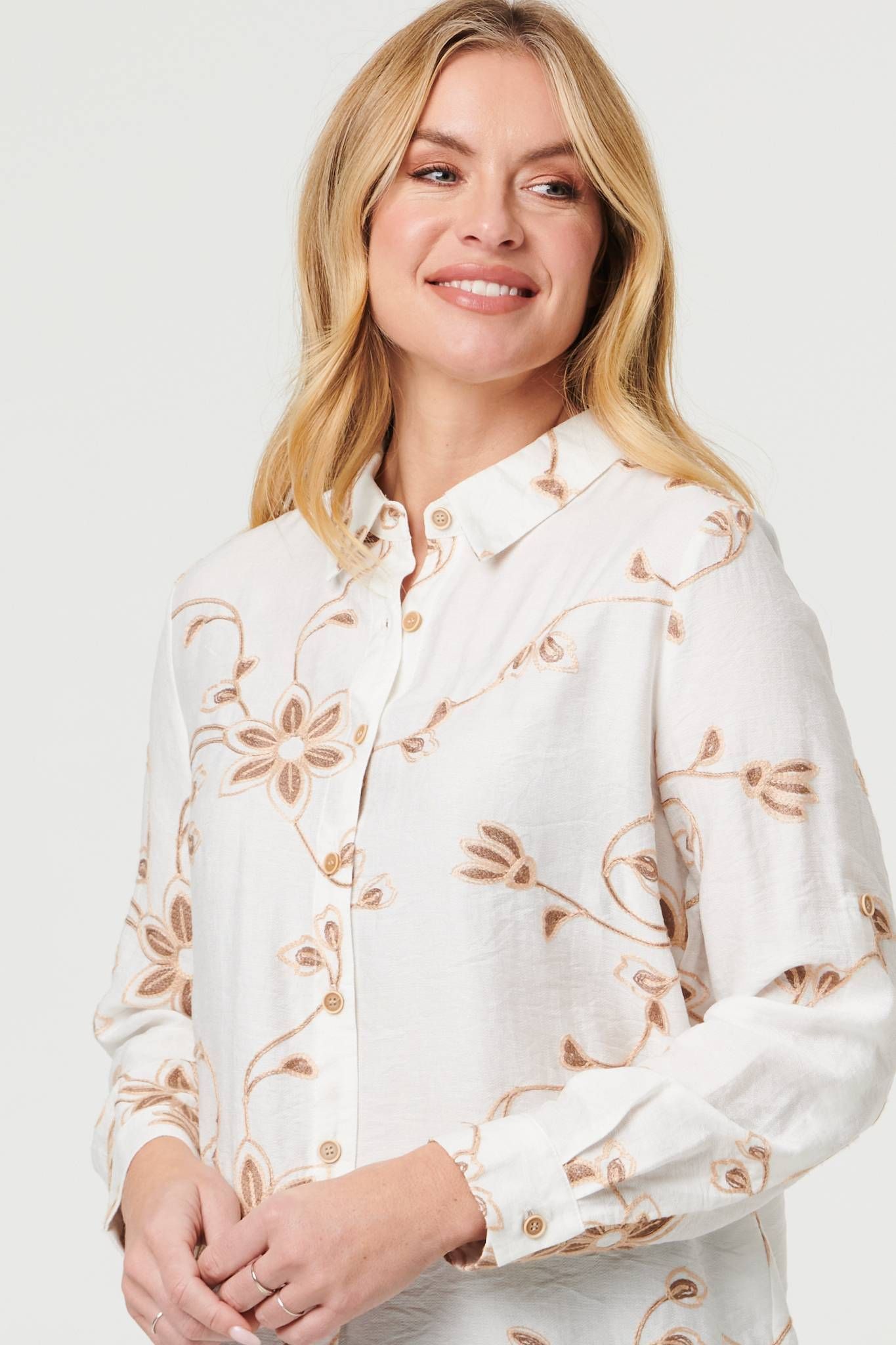 Izabel London Floral Textured Long Sleeve Shirt