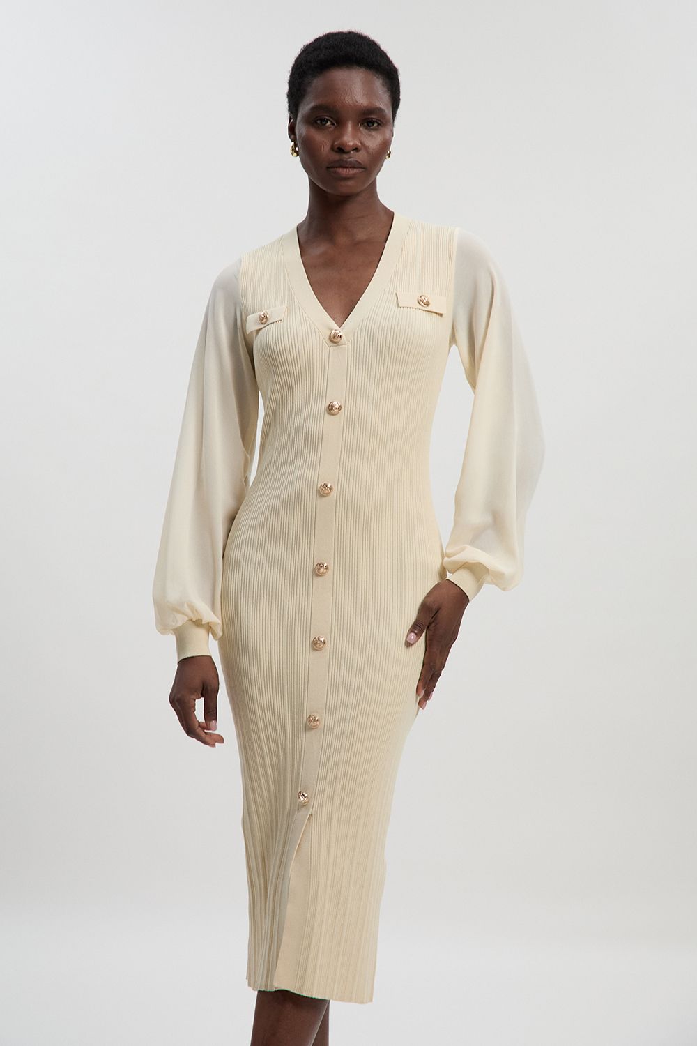 KarenMillen Forever Viscose Blend Rib Knit Chiffon Sleeve Midi Dress