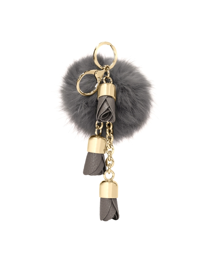 Key ring with gray pom-pom and flowers