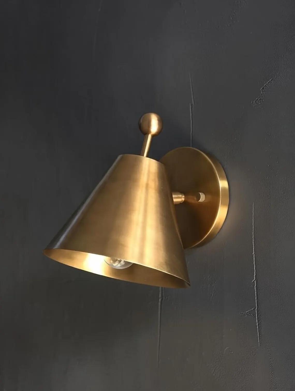 Mid Century Brass Wall Sconce, Adjustable Italian Style Cone Lamp, Bedside Reading Light