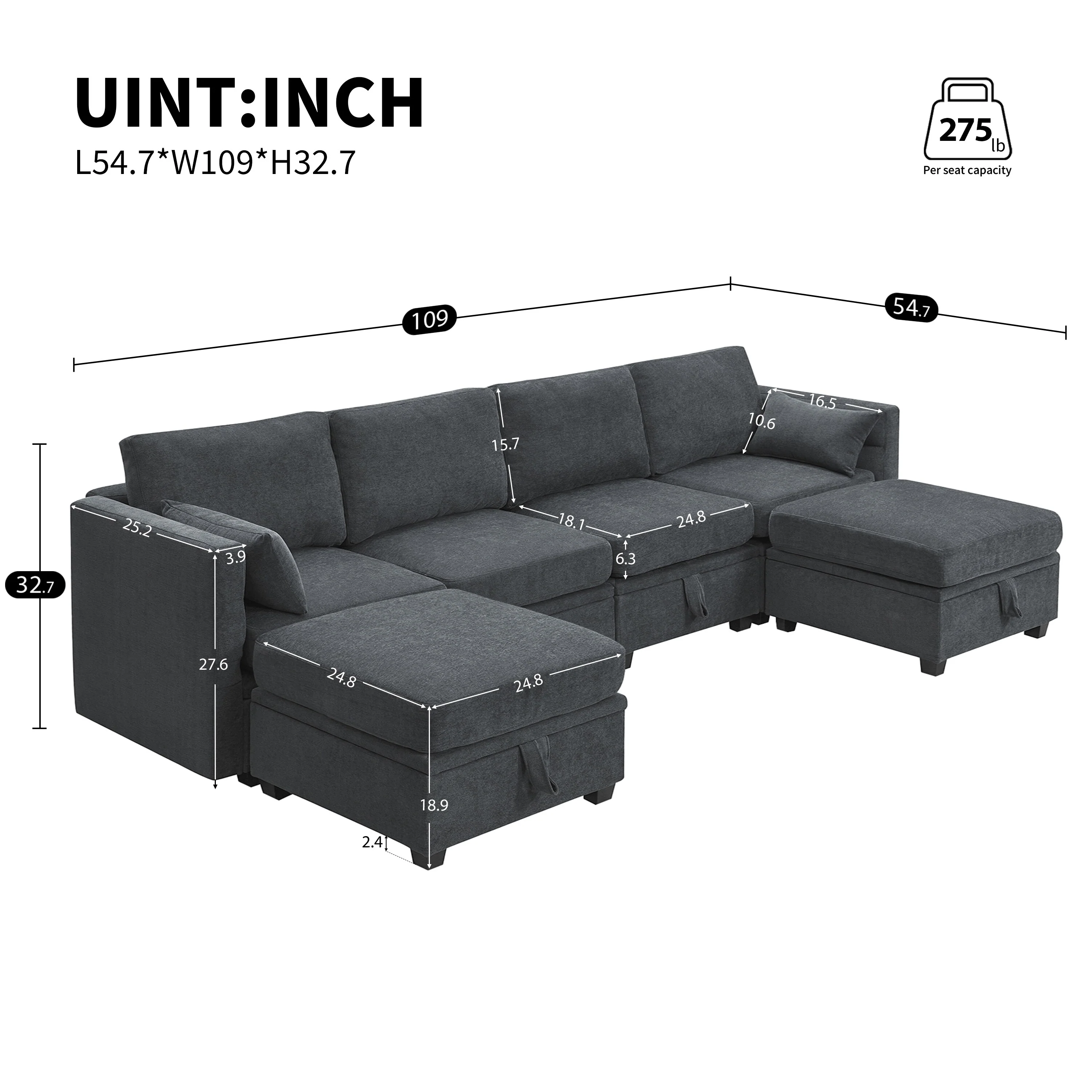 Grey 109 U-Shaped 6-Seater Modular Sectional Sofa with Adjustable Armrests, Backrests, and Under-Seat Storage for Versatility