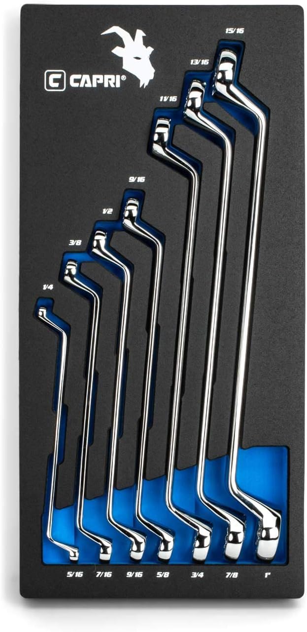 Capri Tools 75-Degree Deep Offset Double Box End Wrench Set, 1/4 to 1 in, SAE, 7-Piece with The Mechanic's Tray