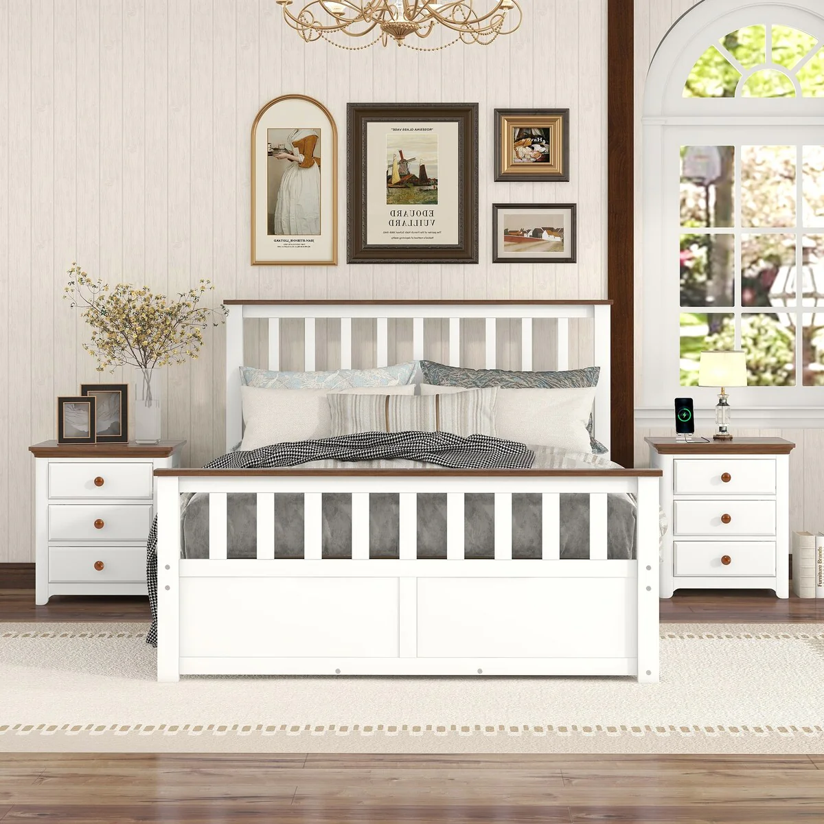 3-Pieces Bedroom Sets with Woodedn Platform Bed and Two Nightstands