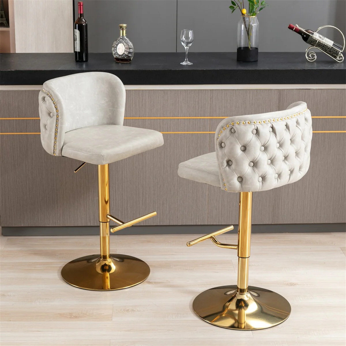 Adjusatble Height Swivel PU Upholstered Bar Stools (Set of 2)