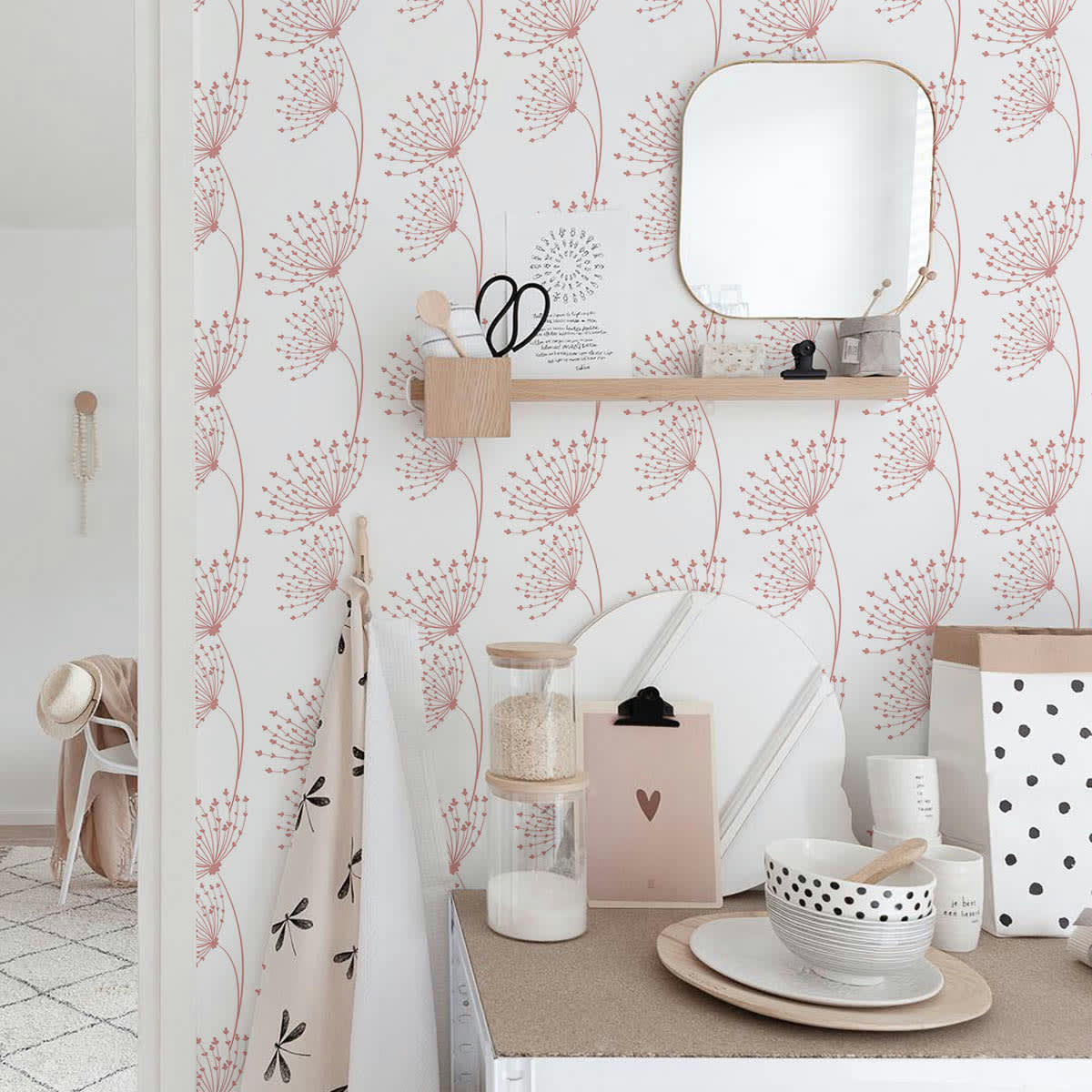 DANDELIONS - Papier peint vinyle adhésif dents-de-lion rose vif 50x300 cm