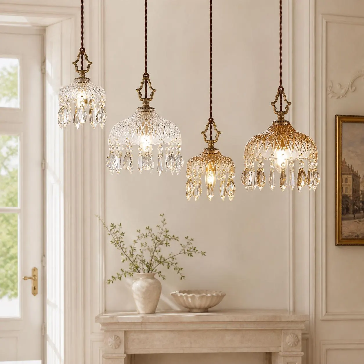 French Crystal Pendant Light, Antique Brass Hanging Lamp, Clear or Amber Mini Chandelier for Entryway and Bedside