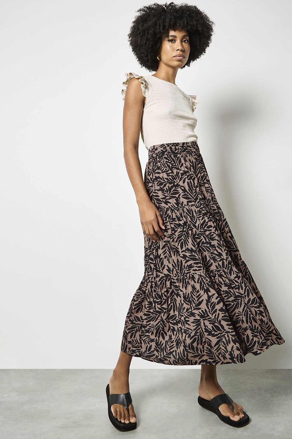Apricot Leaf Print Tiered Midi Skirt