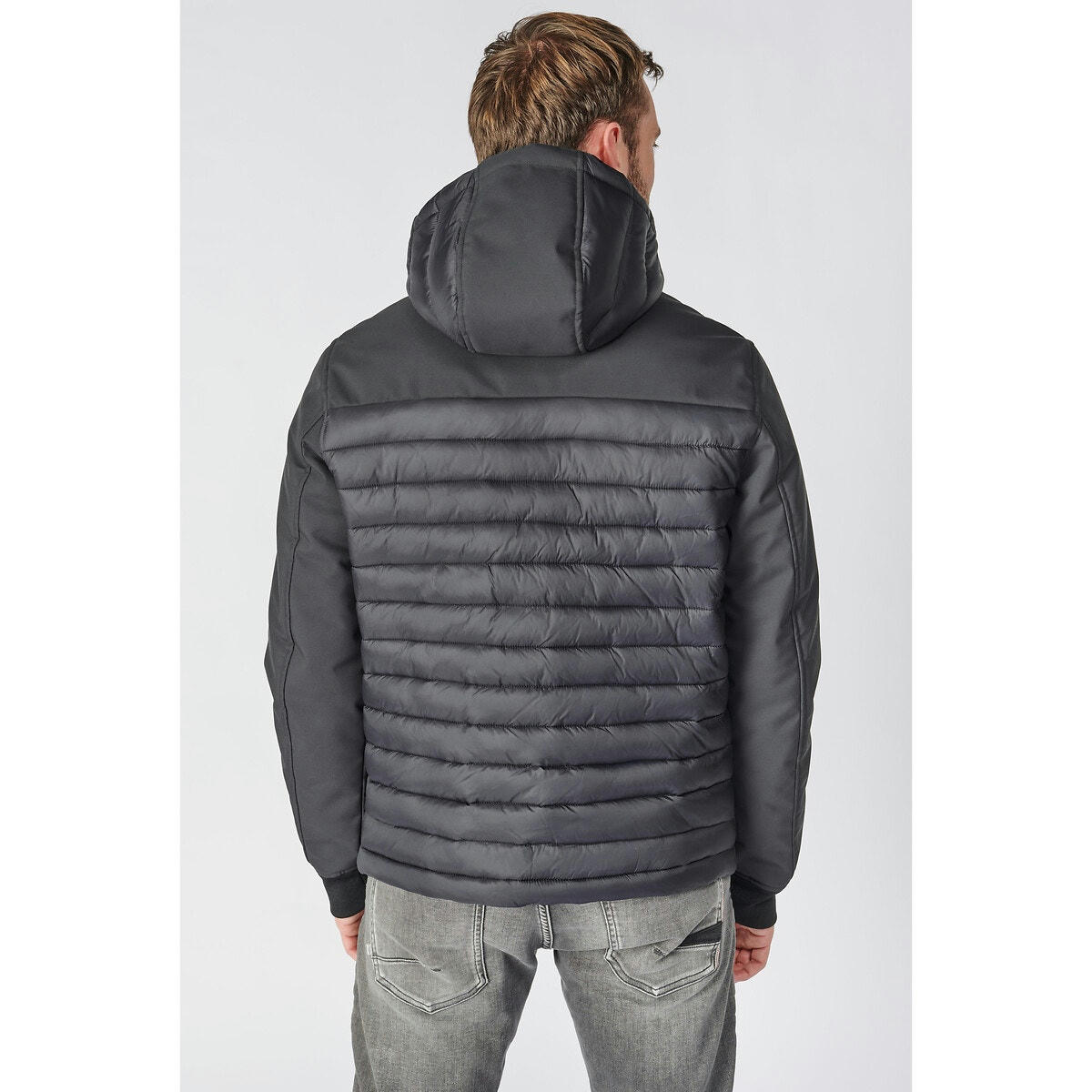 Blouson court capuche fixe col montant, mi-saison