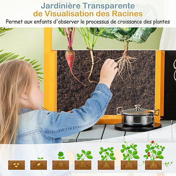 Cuisine extérieur en bois pour enfant,avec 2 tableaux noirs, jardinière transparente, 2 etagères inférieures (bleu)