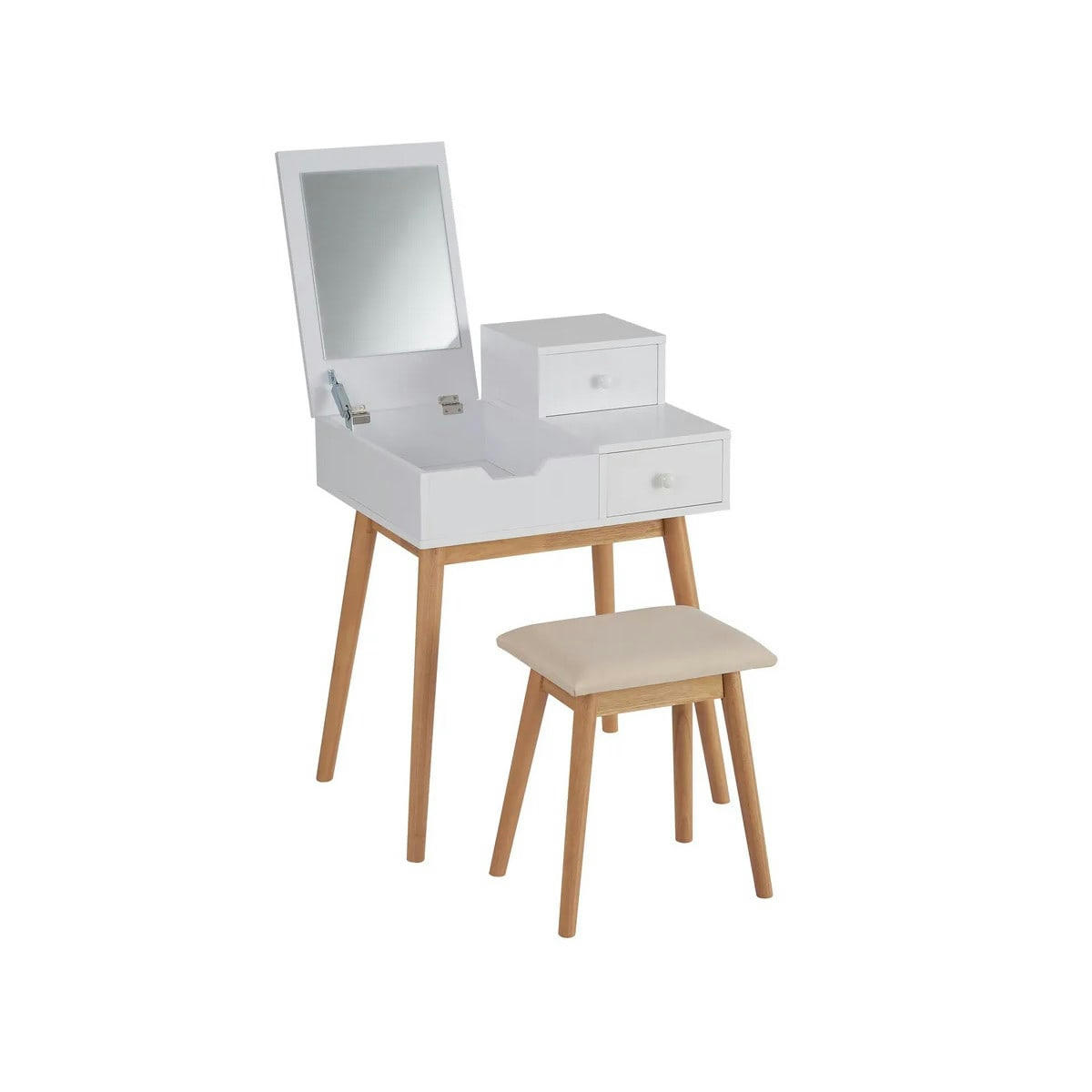 - Coiffeuse bicolore bois et blanc avec miroir + tabouret 60x49,5x85cm