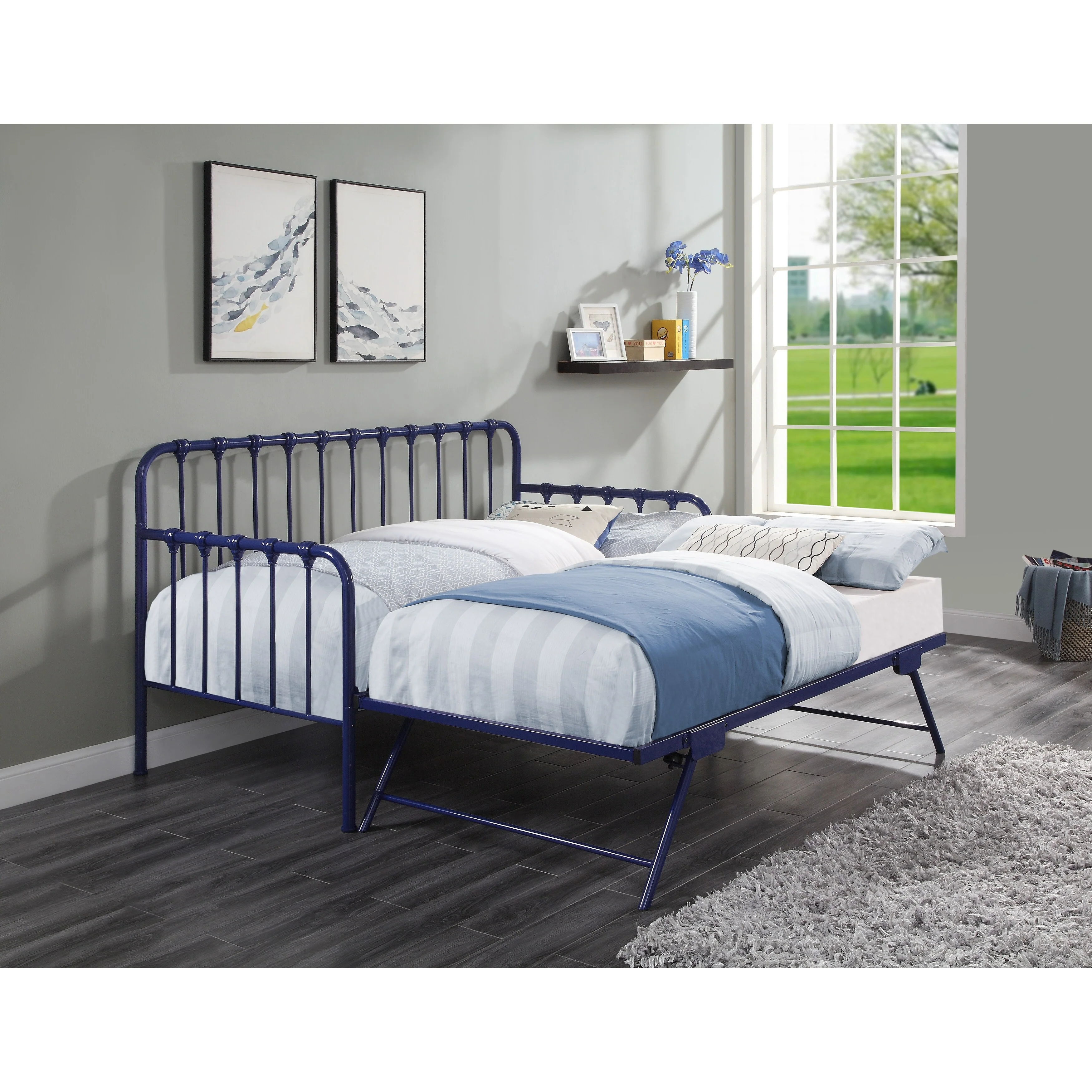 Daybed with Lift-up Trundle 1pc Navy Blue Finish Metal Frame Classic Design Home Furniture