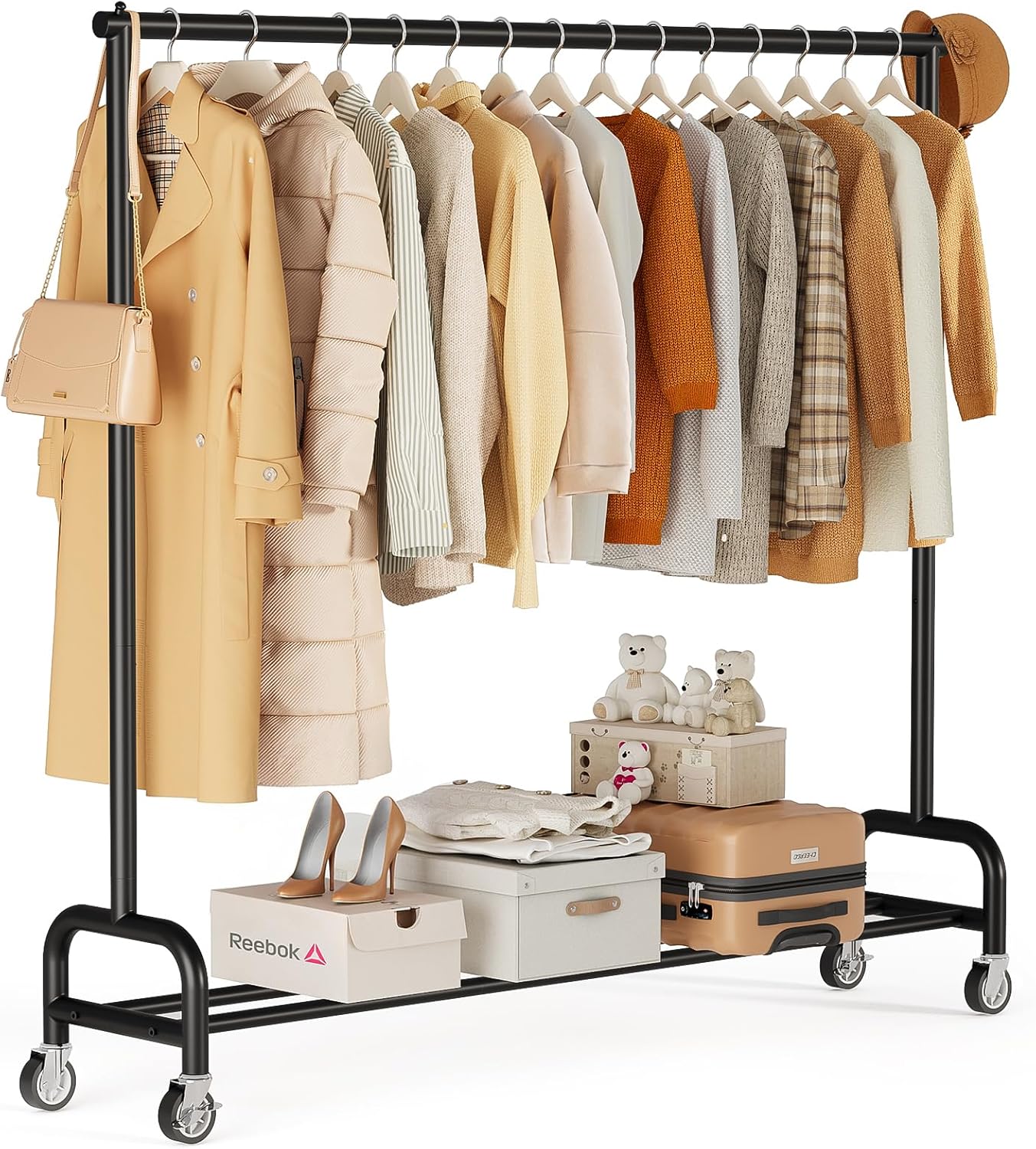 Heavy Duty Clothing Racks for Hanging Clothes Rack, 45 Wide Rolling Garment Rack Metal Clothing Hanger Rack with Wheels Wardrobe Rack for Coats, Shirts, Dress, (Black)