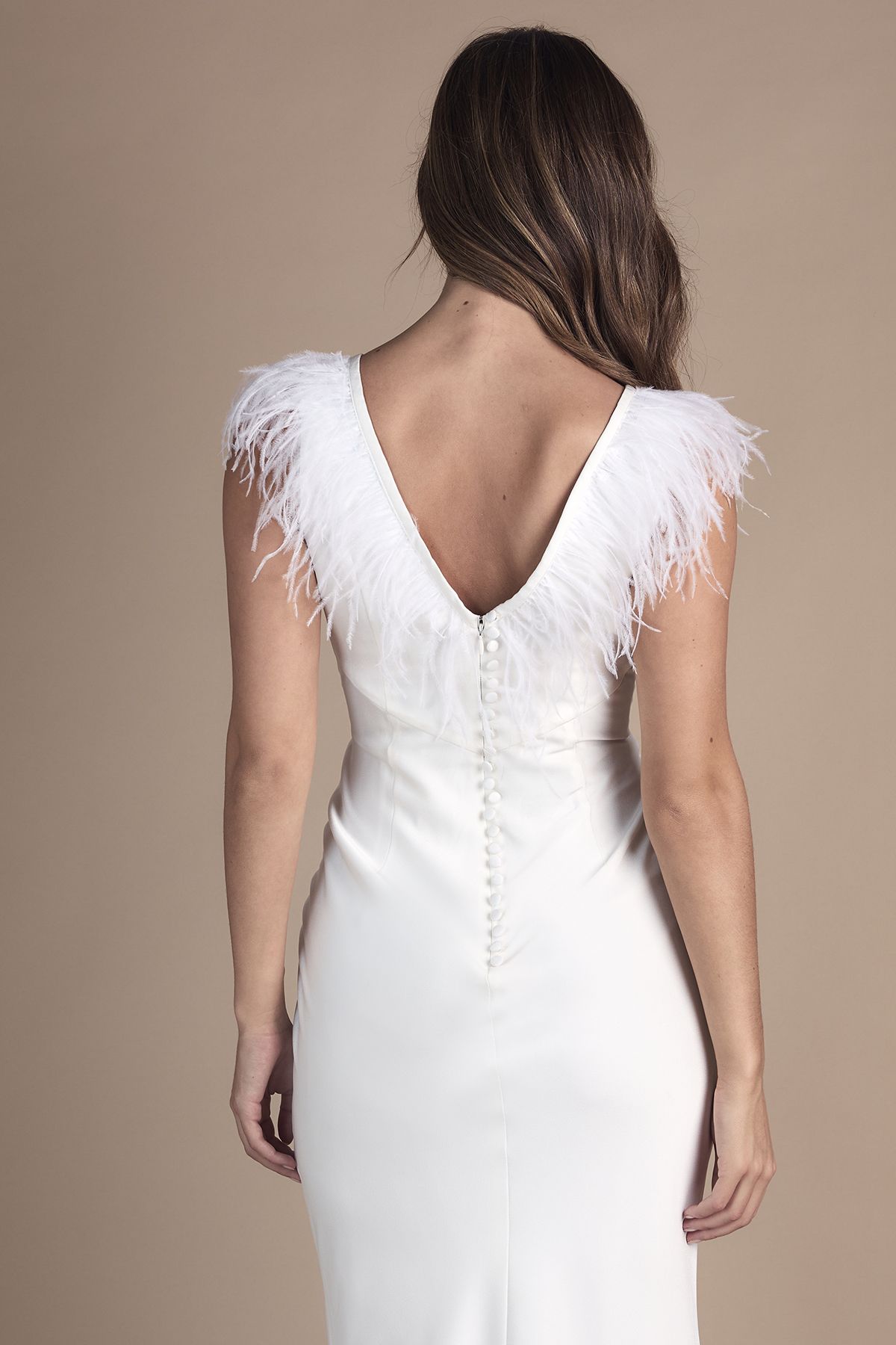 Coast Feather Shoulder Detail V Neck Satin Wedding Dress