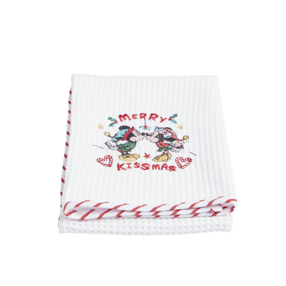 Torchon No&euml;l Disney Mickey Minnie nid d'abeille 50x70cm