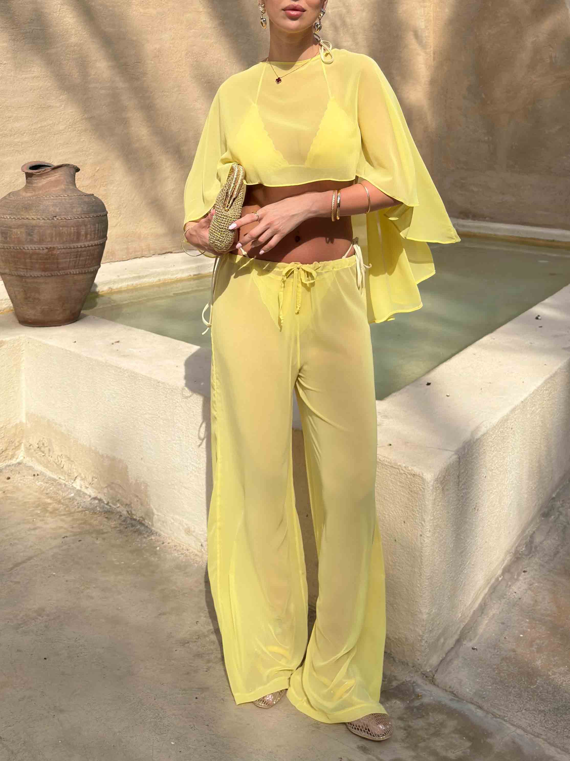Elegant Sheer Cape Sleeve Crop Top & Wide-Leg Pants Beach Two-Piece Set