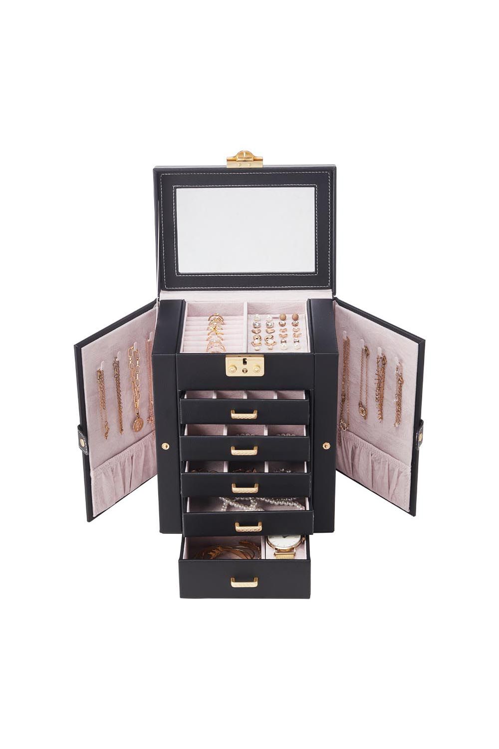 ExtraStar Large Faux Leather Jewellery Box with Mirror and Gold Accents