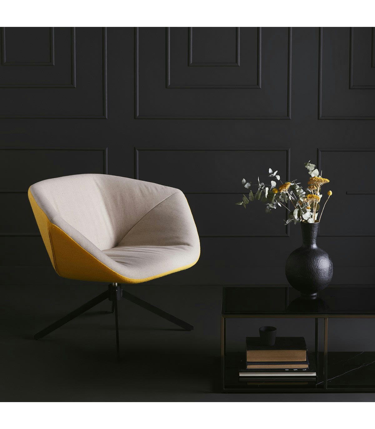 SPOUTNIK - Fauteuil Pivotant en Tissu bicolore - Taupe et Jaune