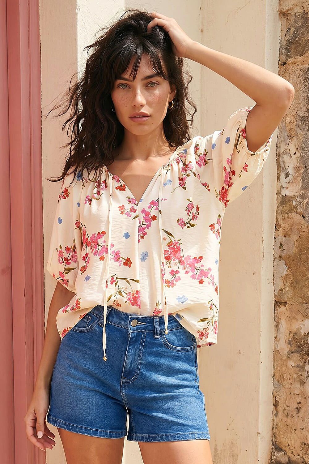 Roman Floral Print Tie Front Top