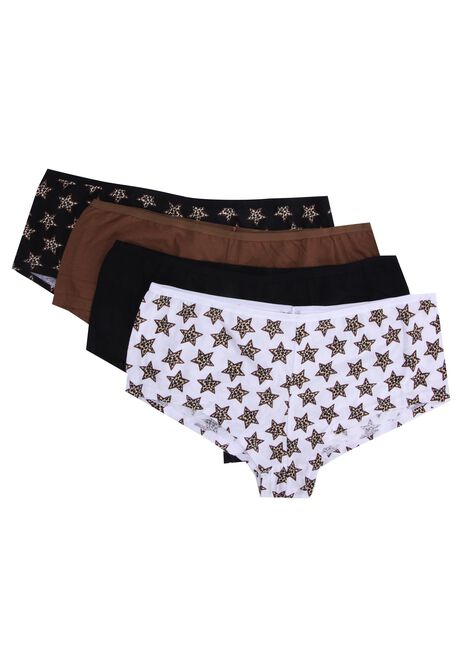 Womens 4pk Brown Leopard Star Shorts Briefs