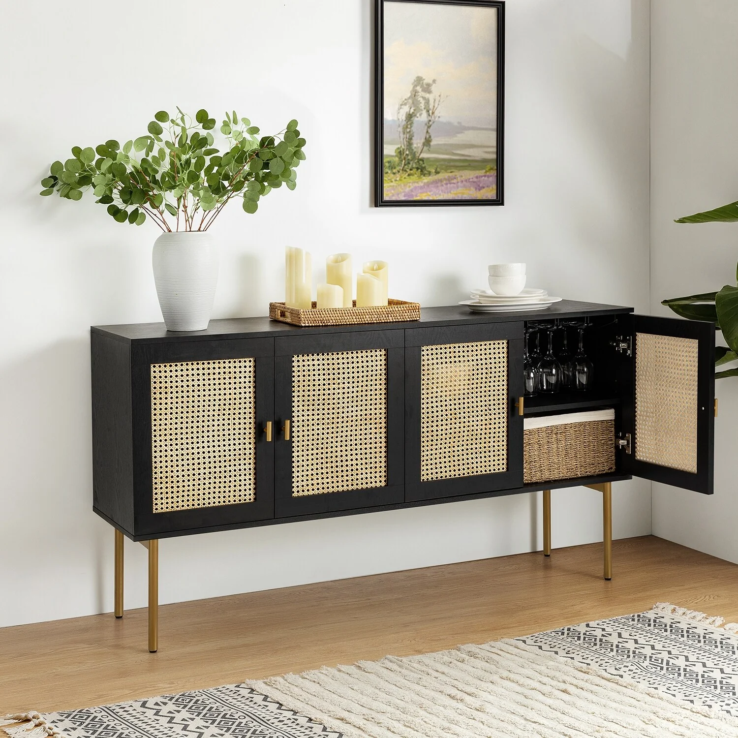 Selamat Modern Rattan Storage 4 doors Sideboard Cabinet with Adjustable Shelves By HULALA HOME