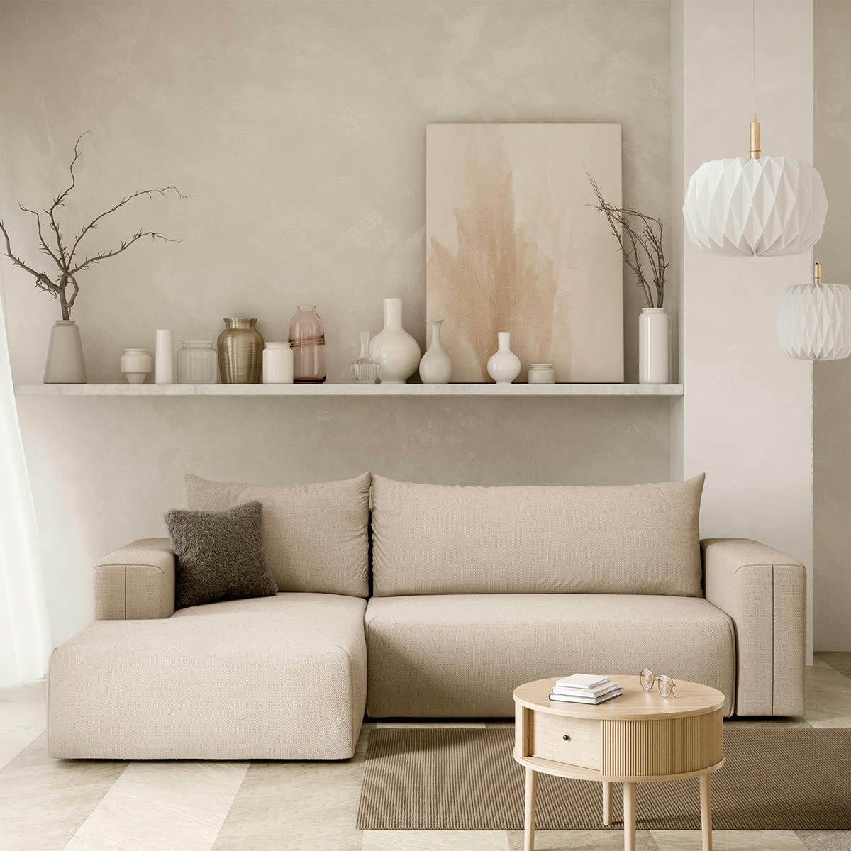 - Canapé d'angle convertible gauche 3 places coffre beige