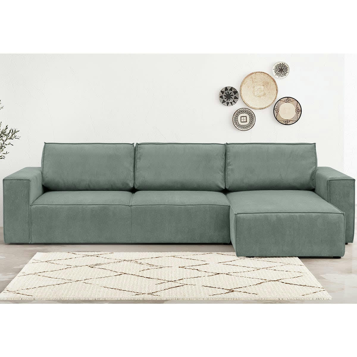 HARPER NEW - Canapé d'angle 5 places convertible en velours fines côtes bleu clair