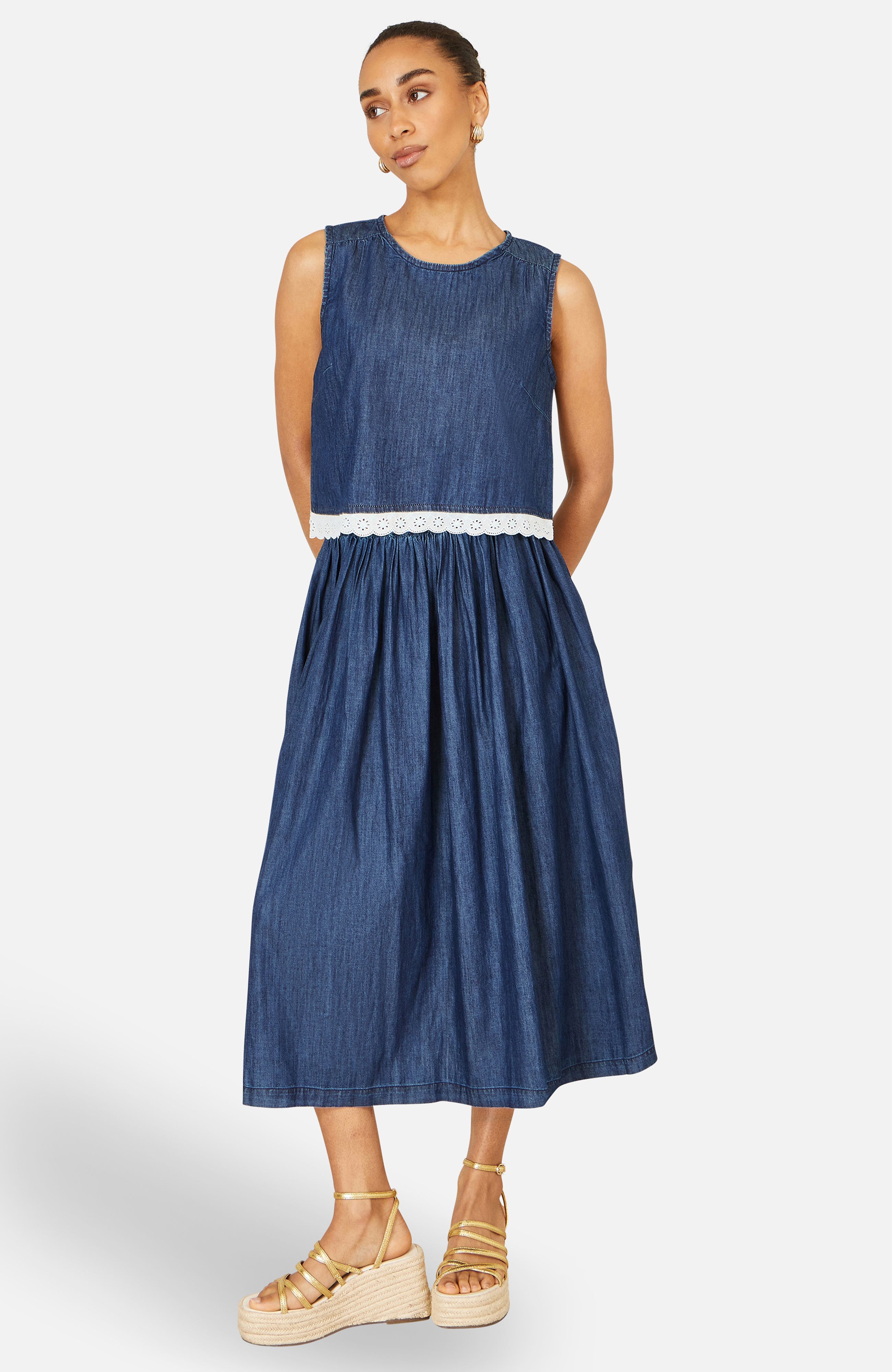 Yumi Blue Denim Chambray Gathered Midi Skirt