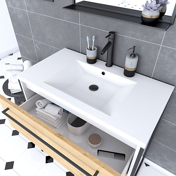 Pack meuble de salle de bain 80x50cm Blanc - 2 tiroirs blanc - vasque blanche   miroir noir mat