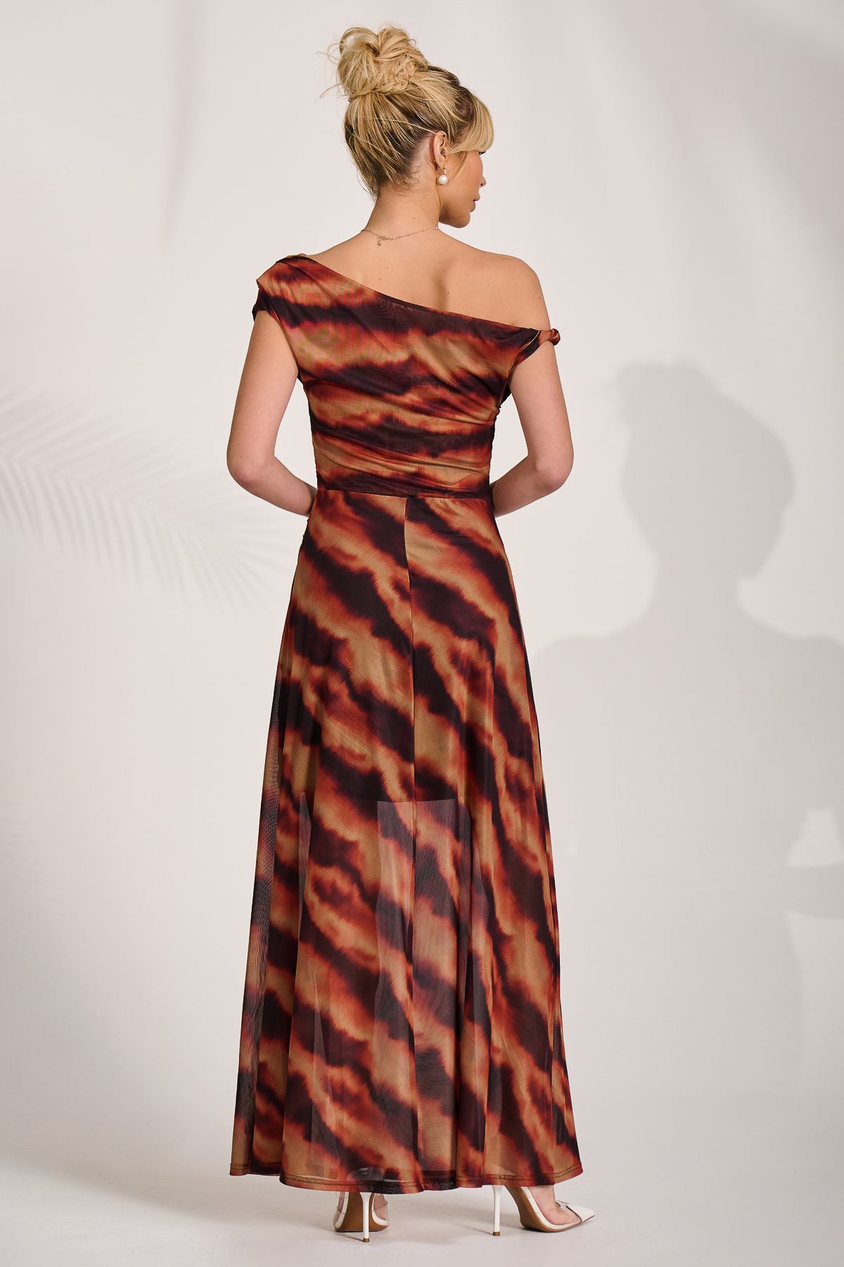 Jolie Moi Mesh Asymmetrical Off-Shoulder Maxi Dress