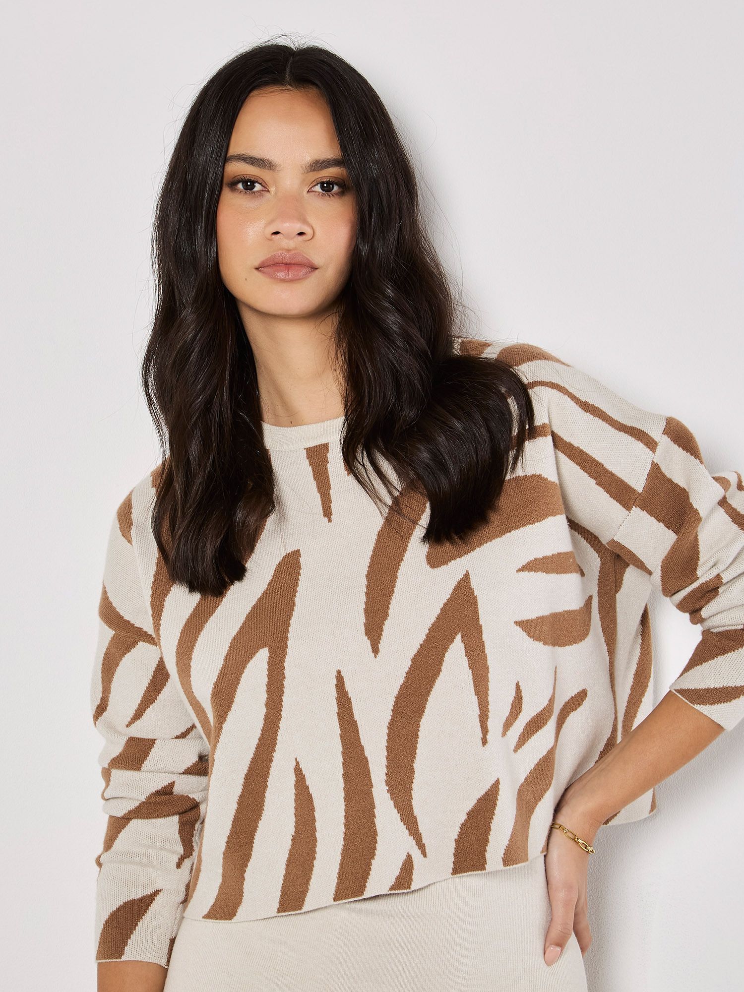 Apricot Zebra Jumper Knitted Midi Dress Set