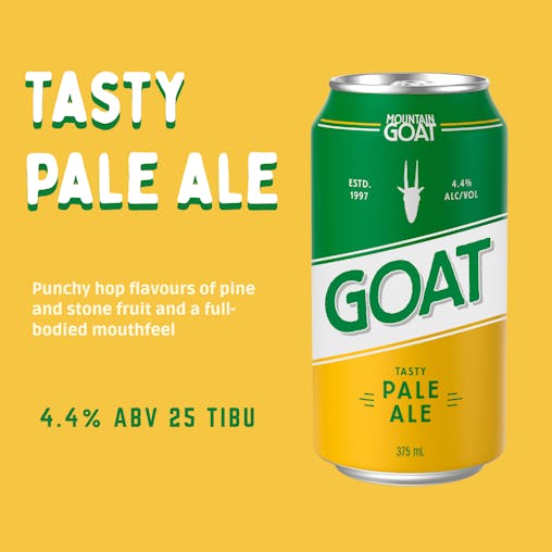 Mountain Goat Tasty Pale Ale, Crisp & Refreshing Full Bodied, Craft Beer, 4.4% ABV, 375mL (Case of 24 Cans)