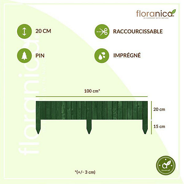 Floranica Bordure flexible de parterre Imprégnée 100 x 20 cm Vert (raccourcissable) Clôture en bois en pin Palissade Rollboarder