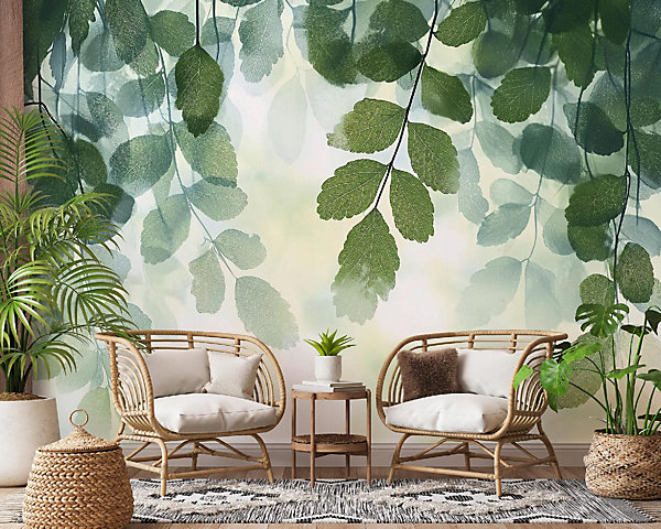Papier Peint Feuilles Vert Panoramique Intissé 350x250 cm - Colle Inclus - Moderne Papier Peint Intissé Chambre Salon
