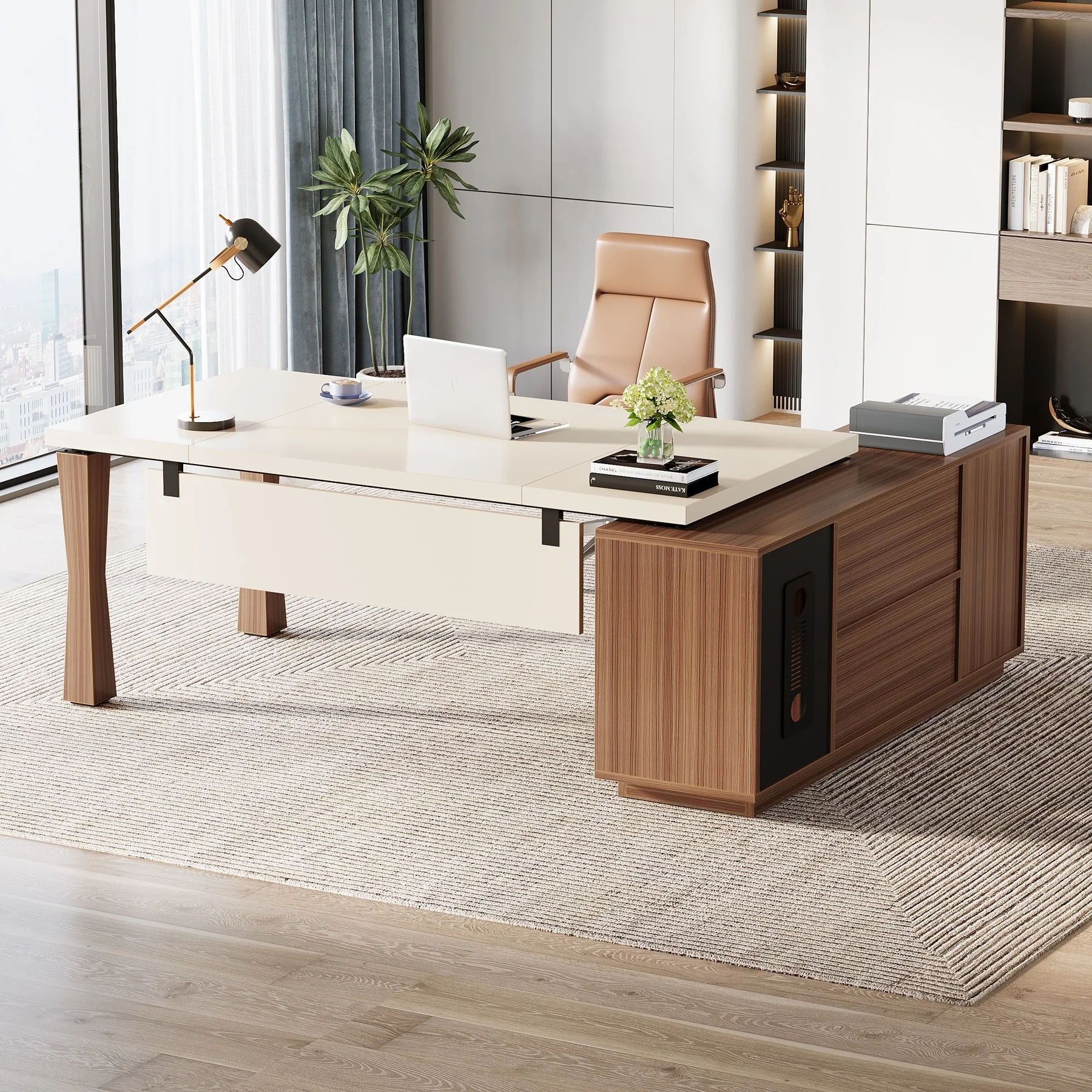 Modern 71-Inch Executive Desk, L-Shaped Desk with Storage Shelves and Cabinet, Large Office Desk Business Furniture Set