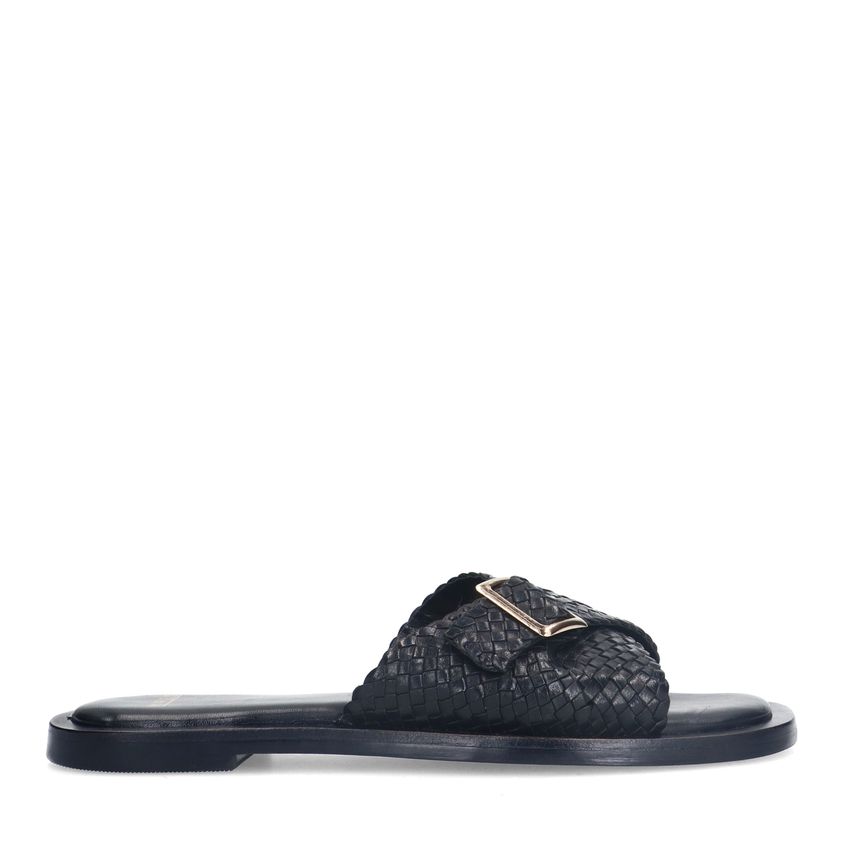 Manfield Zwarte gevlochten slippers met gesp